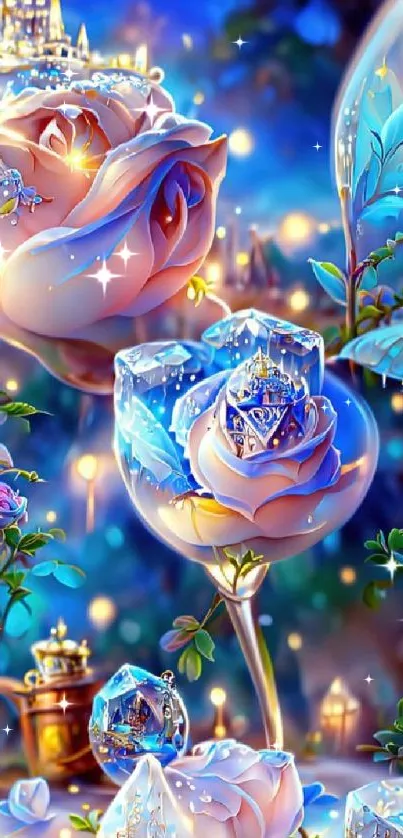 Enchanted roses and castles in a fantasy-themed mobile wallpaper.