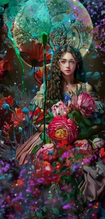 Mystical woman surrounded by vibrant fantasy flowers.