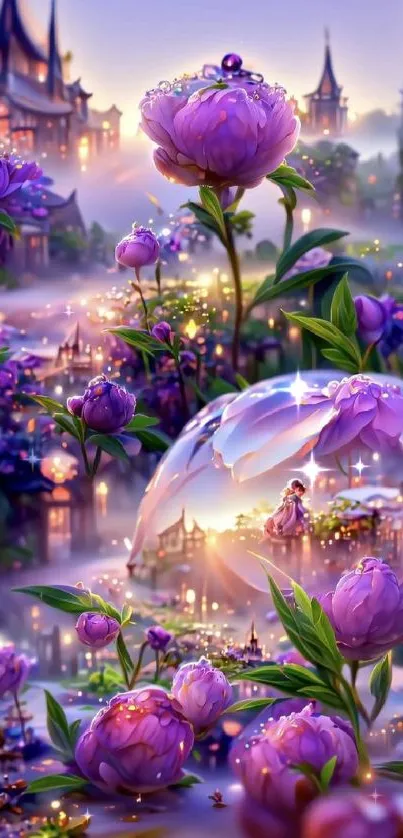 Enchanting fantasy wallpaper with purple flowers and mystical lighting.