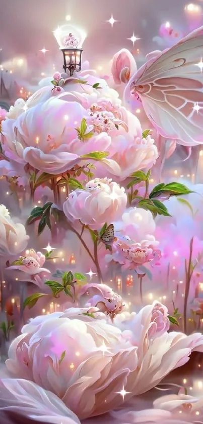 Whimsical fantasy wallpaper with pink flowers and soft glowing lights.