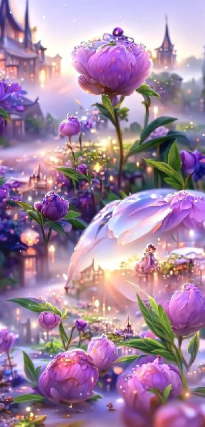 Enchanted purple floral fantasy mobile wallpaper with castles.