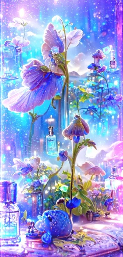 Enchanted floral fantasy wallpaper with glowing blue flowers and mystical ambiance.