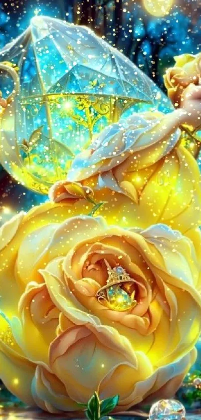 Enchanted glowing roses in a fantasy art scene with mystical elements.