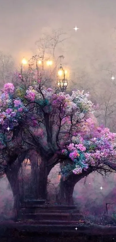 Enchanting tree with colorful flowers, set in a dreamy, mystical atmosphere.