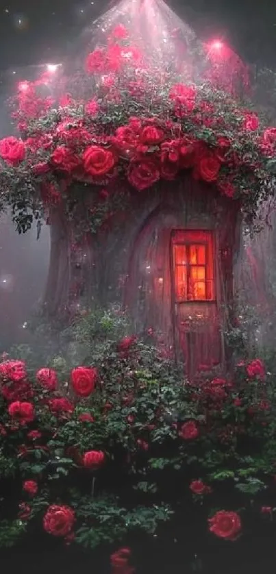 Magical fairy house with red roses in a mystical forest setting.