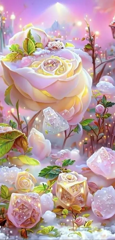 Enchanting dreamscape with roses and sparkles.