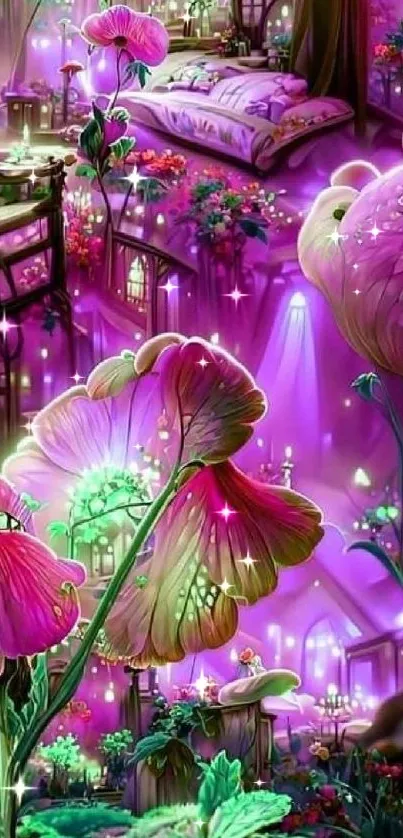 Enchanted purple and pink floral wallpaper with glowing flowers.