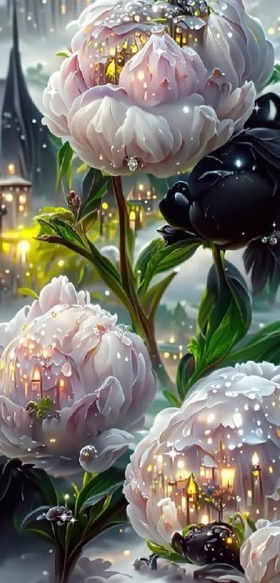 Enchanted flowers and dreamy castle in fantasy wallpaper.