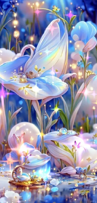 Ethereal blue floral landscape with glowing lights.