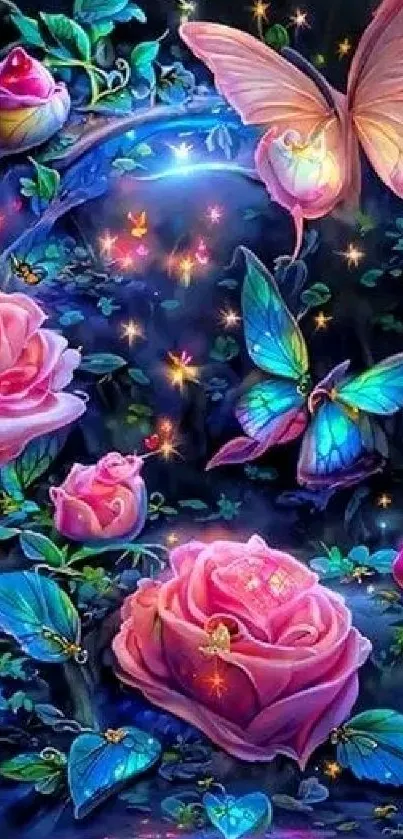 Enchanted wallpaper with roses and glowing butterflies in vibrant colors.