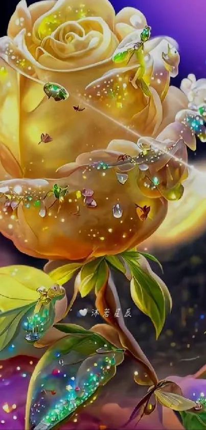 Yellow rose with gems and vibrant colors in a fantasy theme.