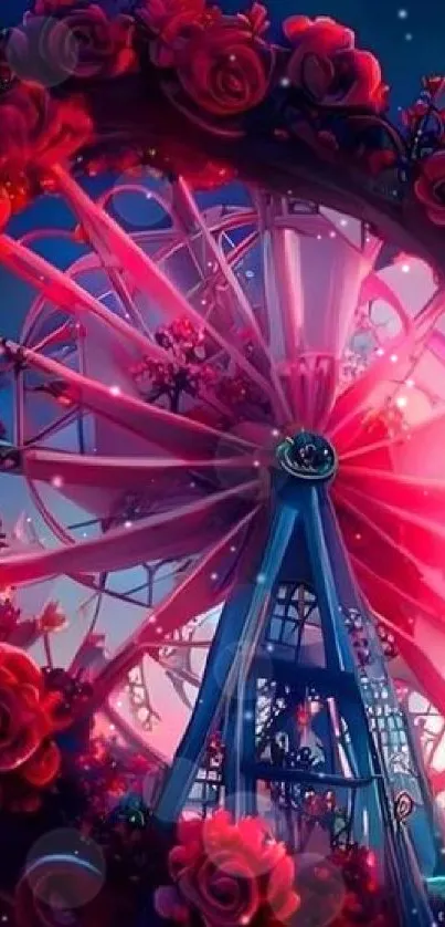 Enchanting Ferris wheel with vibrant pink roses in a fantasy setting.