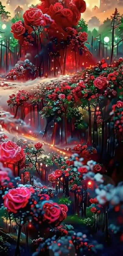 Enchanted forest with red flowers and glowing trees under moonlight.