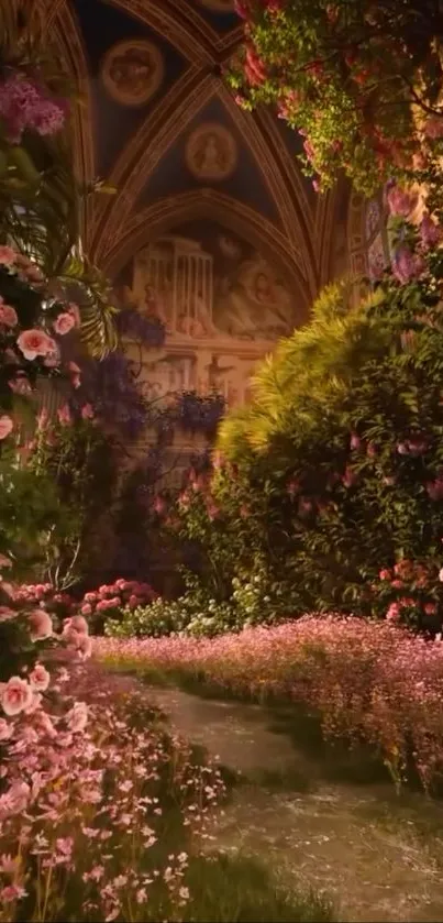 Enchanted garden path with flowers and greenery.