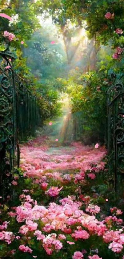 Enchanted garden path with pink flowers and greenery.