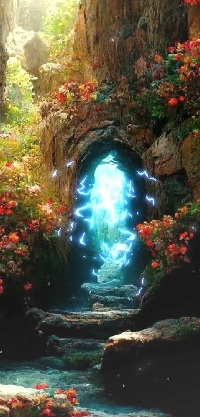 Enchanting grotto with flowers and turquoise pathway.