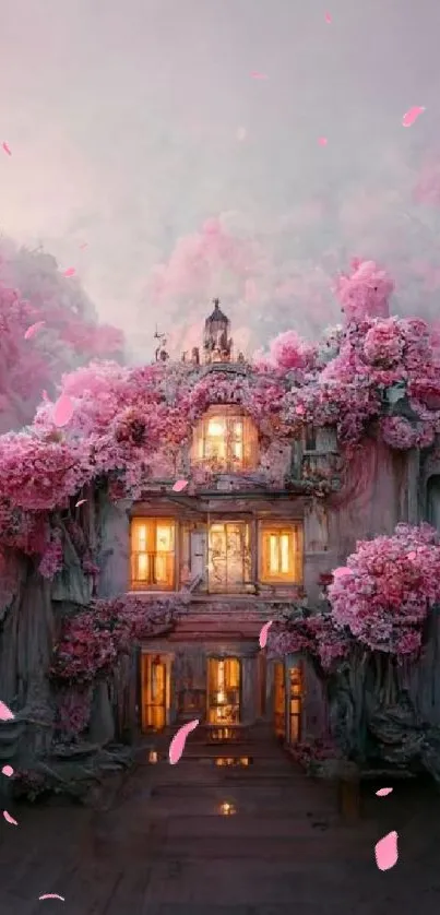 Enchanted mansion amidst pink clouds with floral embellishments.