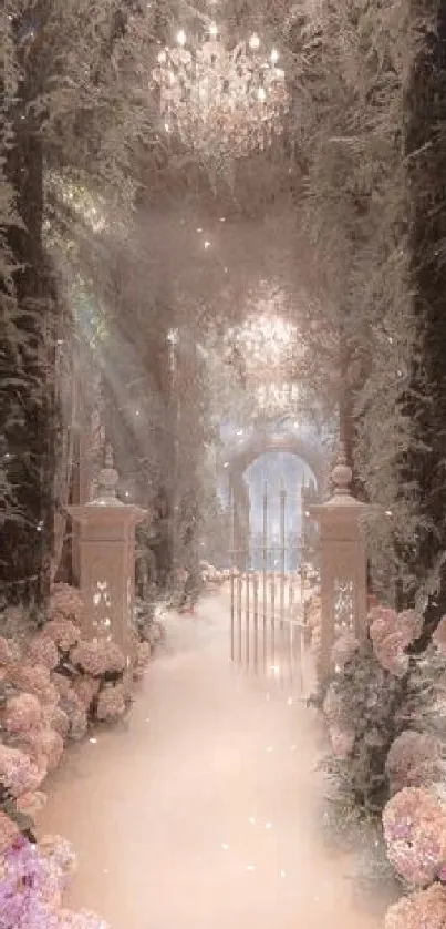 Enchanted pathway with pink flowers and chandeliers illuminating the scene.