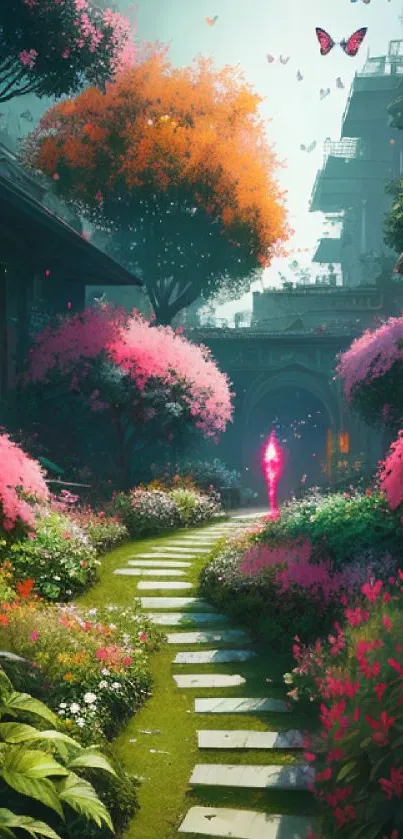 Mystical garden path with vibrant flowers and fluttering butterflies.