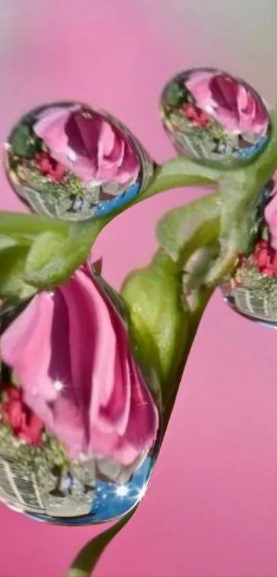 Close-up of flower reflected in water droplets on a pink and green background.
