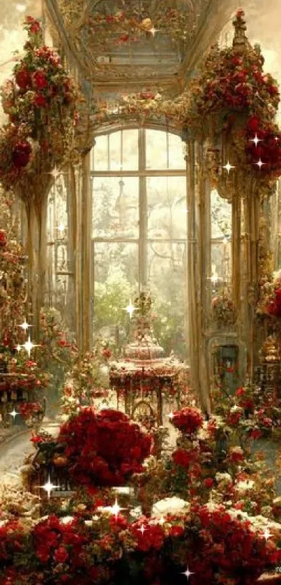 Enchanted palace with red floral decor and majestic indoor garden view.