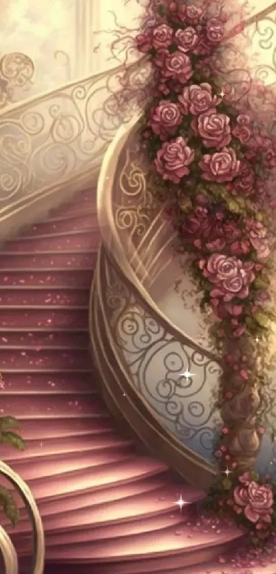 Enchanted staircase with roses and lantern in fantasy art style.