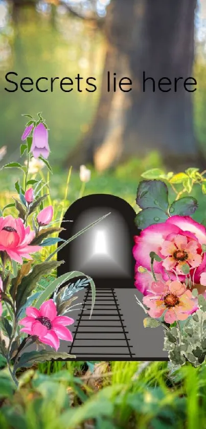 Enchanting wallpaper with a floral tunnel entrance in a forest.