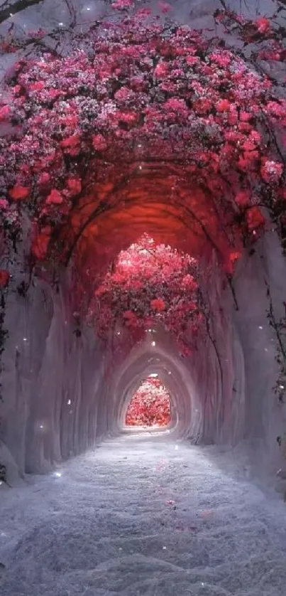 Mystical floral tunnel with pink blossoms creating a dreamy mobile wallpaper.