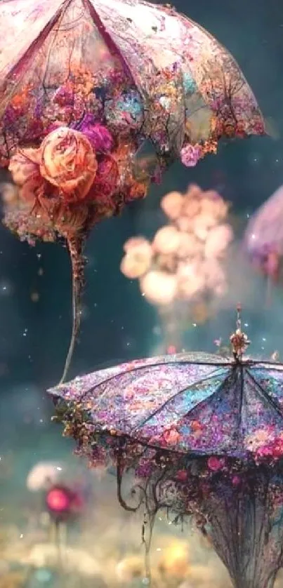 Whimsical floral umbrellas float in an enchanting blue fantasy setting.