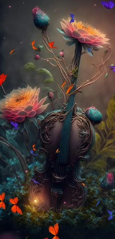 Violin with flowers in a fantasy art style, glowing softly.