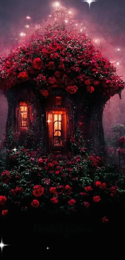 Enchanted flower-covered cottage with glowing lights in a mystical setting.