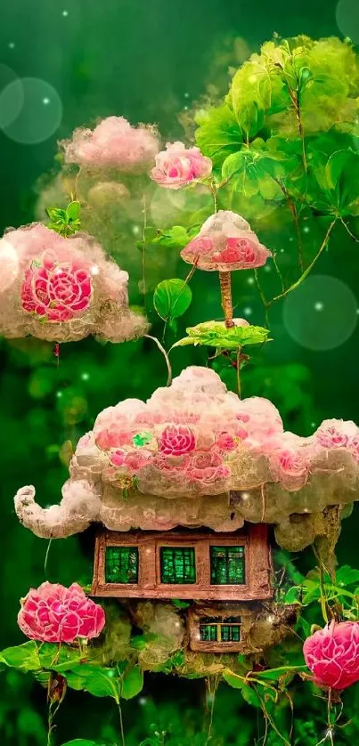 Whimsical treehouse with pink floral clouds in lush green setting.