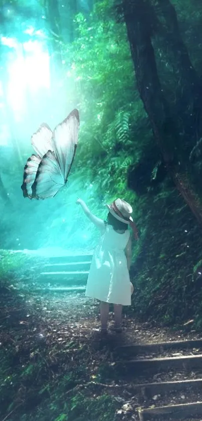 A child in a mystical forest reaching for a butterfly.