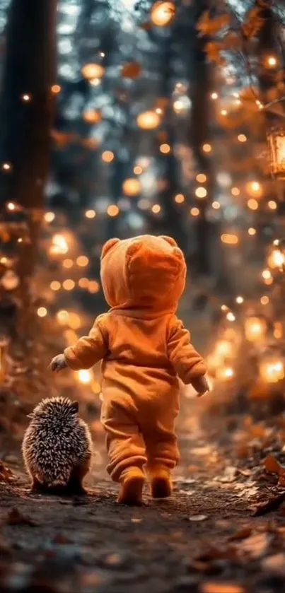 Child in forest with glowing lanterns, creating a magical and cozy atmosphere.