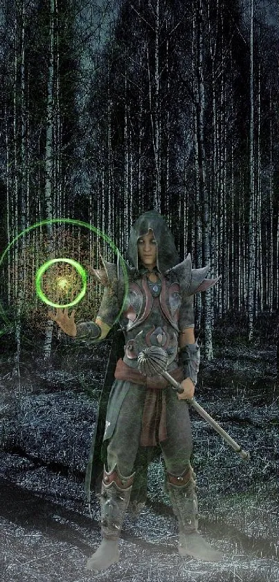 Mystical forest wallpaper with a warrior casting a spell amid nocturnal woods.