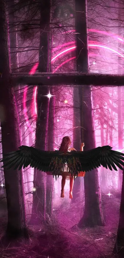 Winged figure in enchanted forest with pink glow.