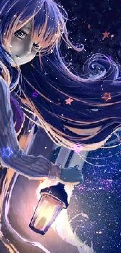 Anime character in a starry forest holding a lantern, creating a mystical scene.