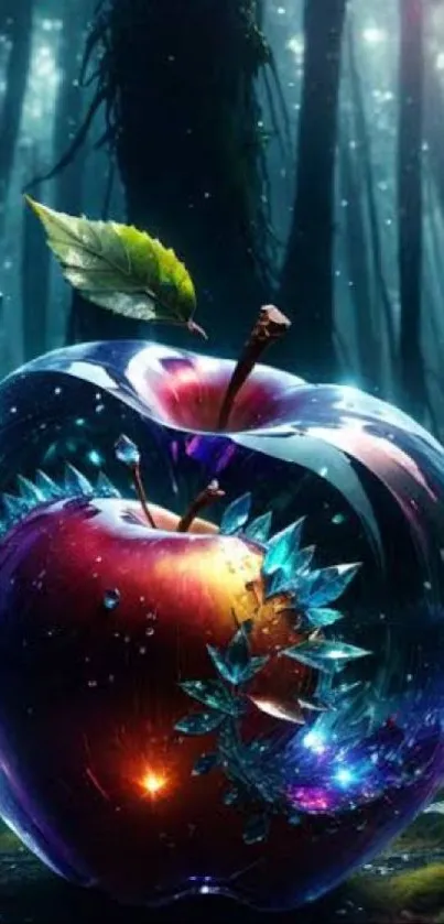 Mystical glass apple in enchanted forest wallpaper.