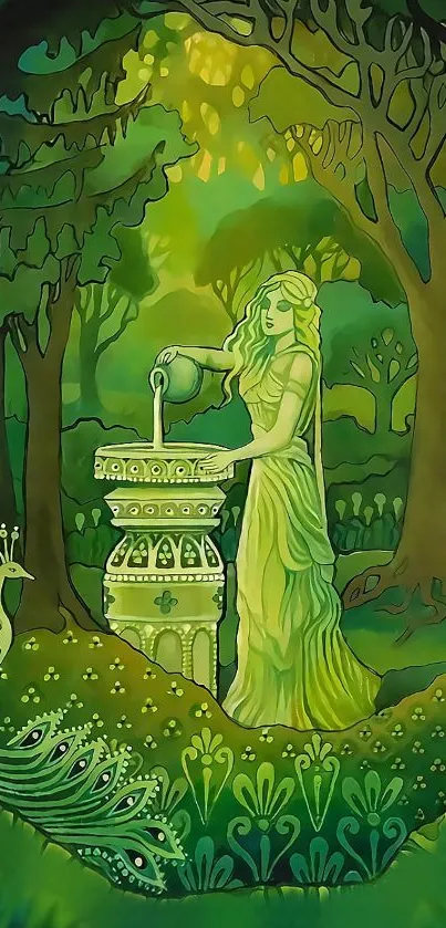 Enchanted forest wallpaper with lady sculpture and green hues.