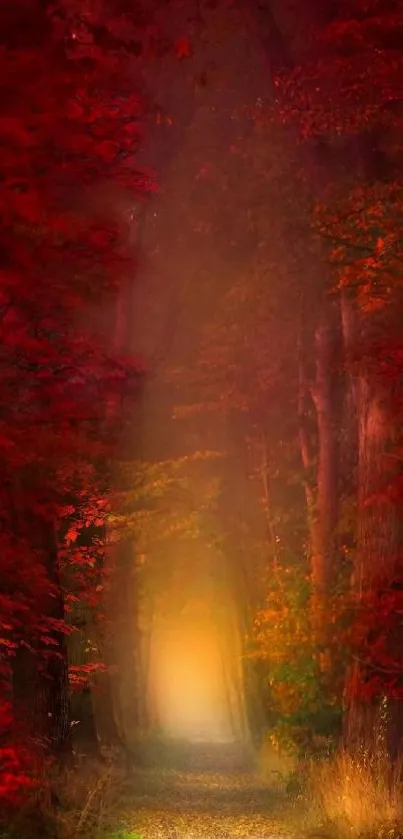 Enchanted forest path with red leaves.