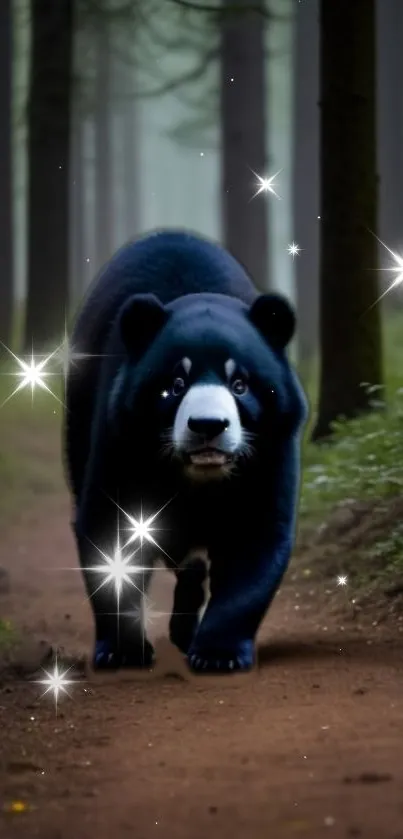 Black bear in an enchanted forest with sparkling lights.