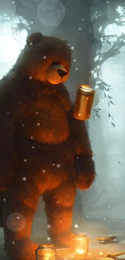 Bear with glowing jars in an enchanted forest setting.