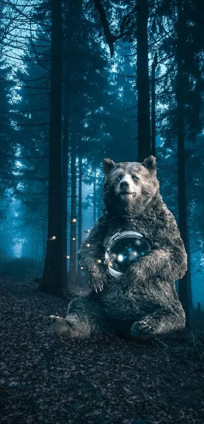 Bear with an orb in an enchanted forest at night.