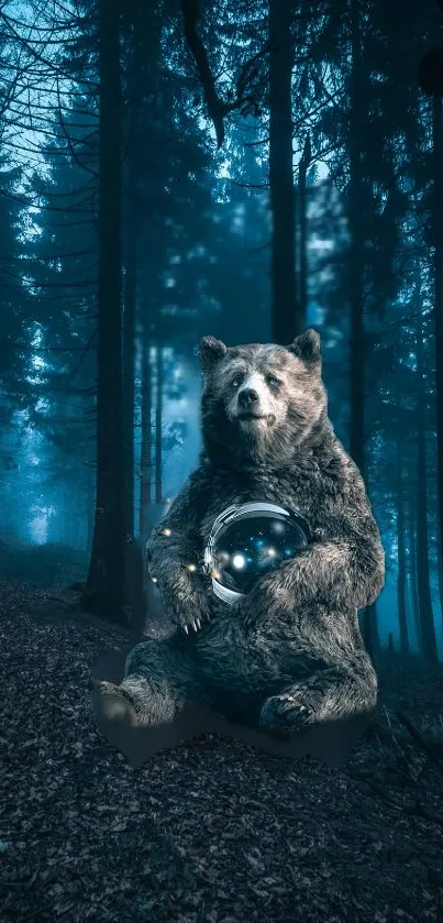 Bear holding orb in dark enchanted forest.