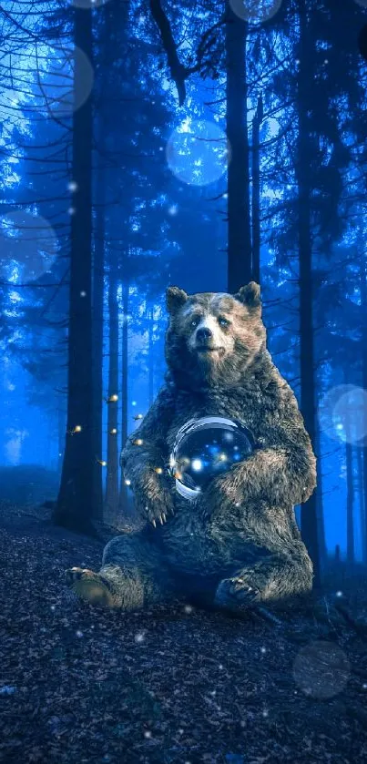 Bear with glowing orb in a mystical nighttime forest.