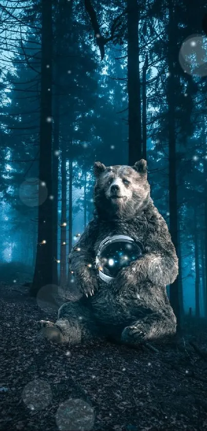 Magical bear in dark blue forest holding a glowing orb amidst mystical lights.