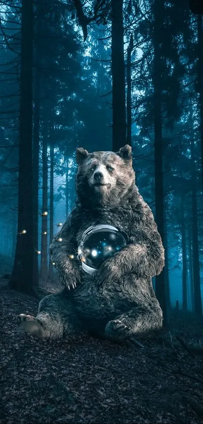 Bear holding a glowing orb in a mystical forest with tall trees.