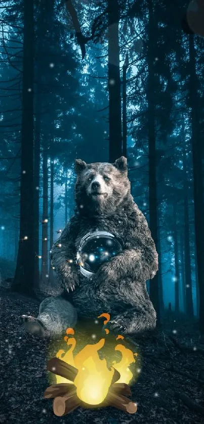 Mystical bear holds orb in an enchanted forest by a glowing campfire.