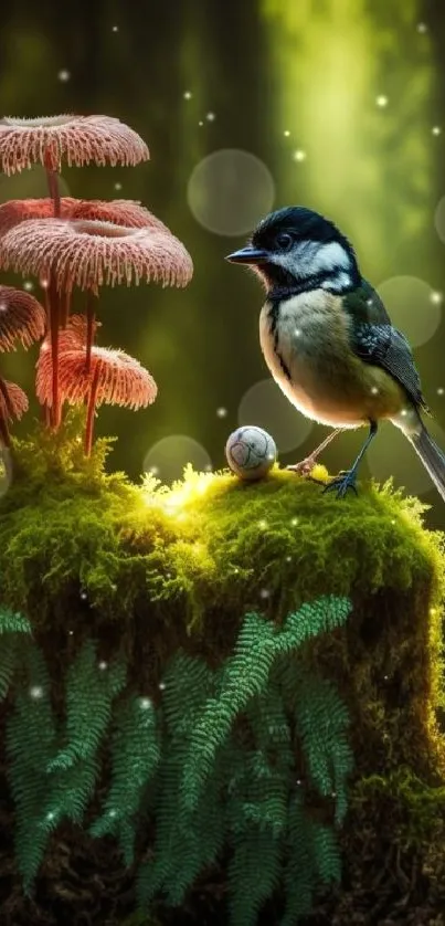 A small bird on a mossy rock surrounded by ferns in an enchanted forest.