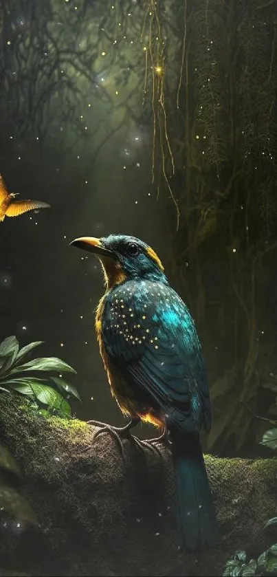 A mystical bird in a dark, lush forest with glowing light.